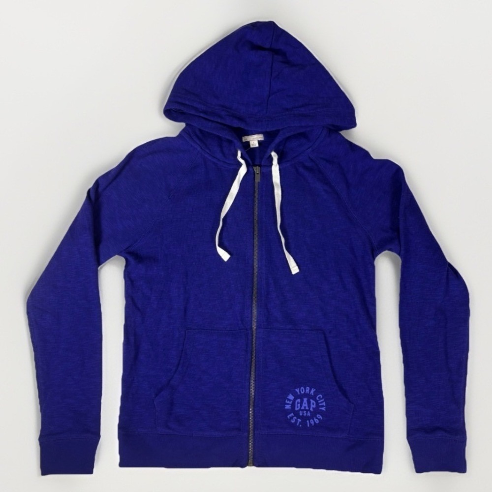 Gap Zip Up Hoodie Womens Small Blue 1969 USA Metallic Slub Cotton Sweatshirt